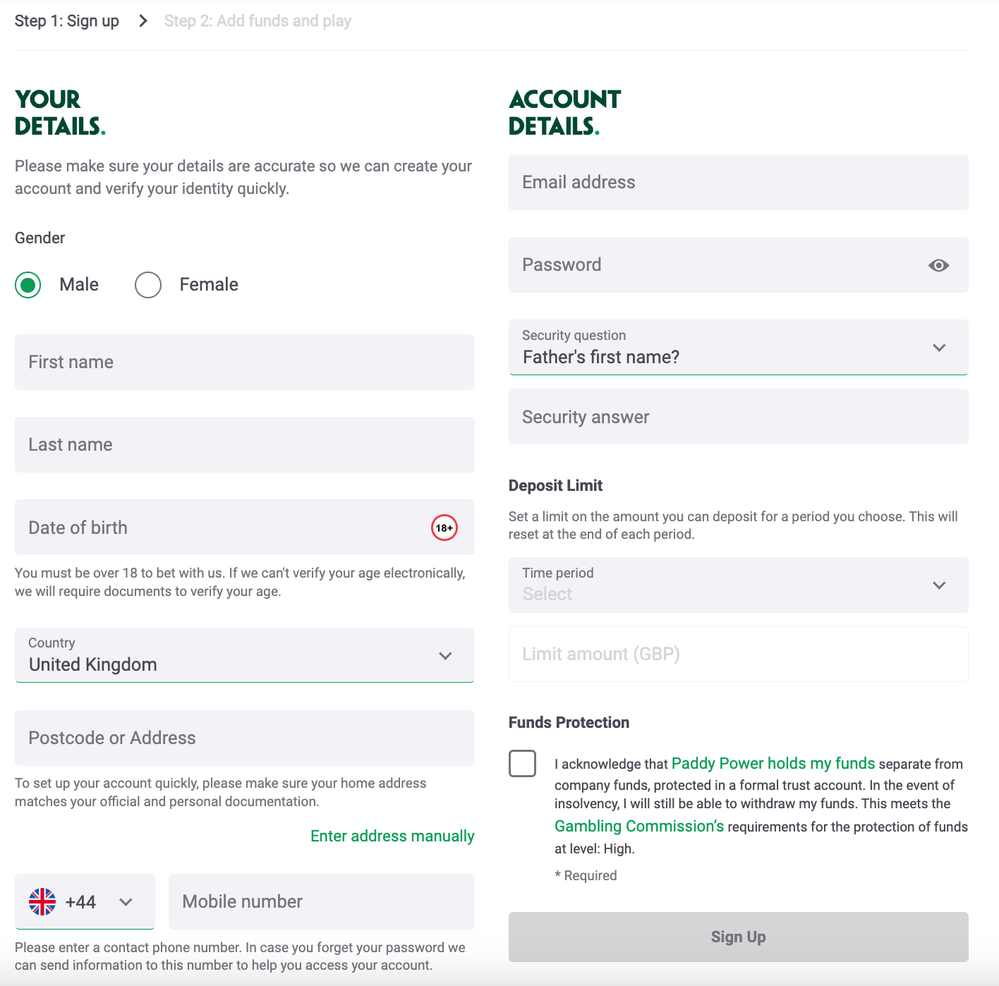 Paddy power registration process, with fields for personal details, address, account and security information